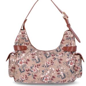 Floral Print Shoulder Bag in Beige and Brown